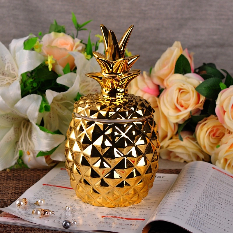 Hot sales luxury pineapple golden ceramic candle jars with lid