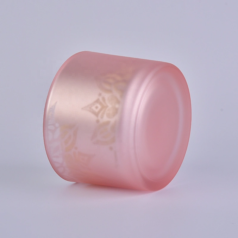 Home decoration frosted pink glass candle jar with wooden lid