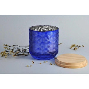 Wholesales round laser electroplated glass candle jar with wood lid