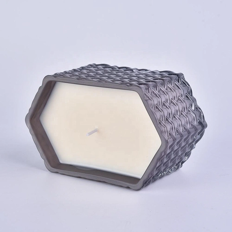 8oz 10oz Wholesales decorative Hexagon woven glass candle jar with wood lid