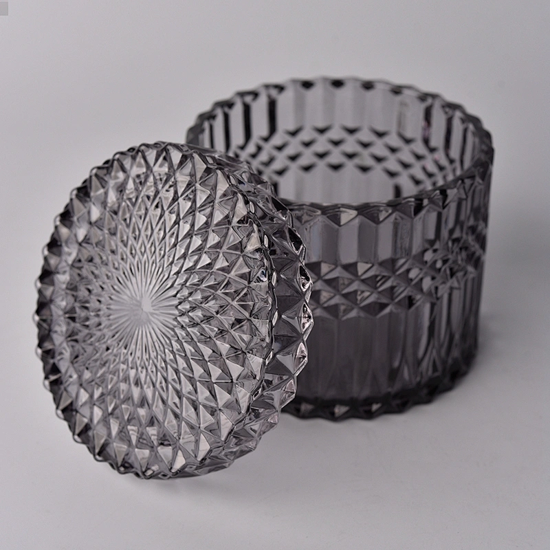 GEO Cut black glass candle jar with lid