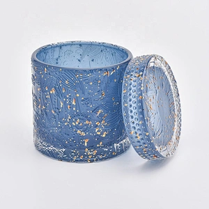 Wholesales cylinder Blue engraved hand cut glass candle jars with lid