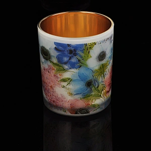 Luxury Gold plating Glass Candle Jar With Surrounding Decal