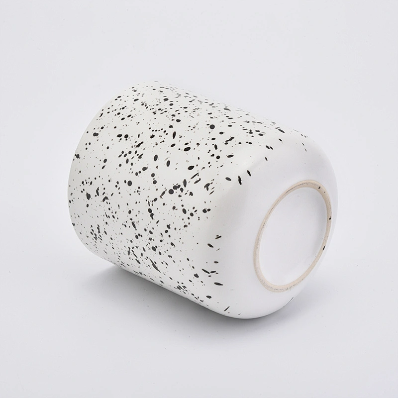 Matte White Ceramic Candle Vessels With Black Glaze Dot Decoration