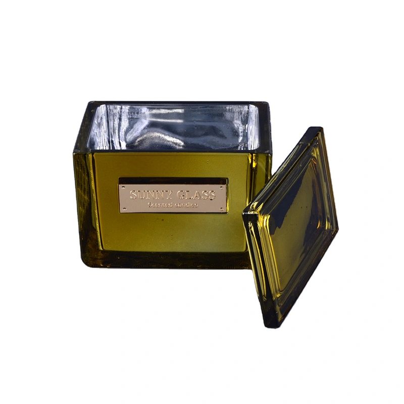 Sunny gold square Glass Candle holder with lid home decoration