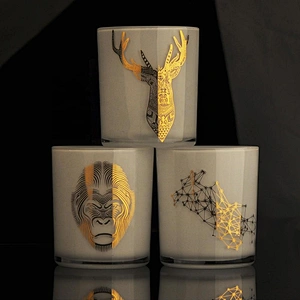Cylinder White Glass Candle Jars With Gold Decoration