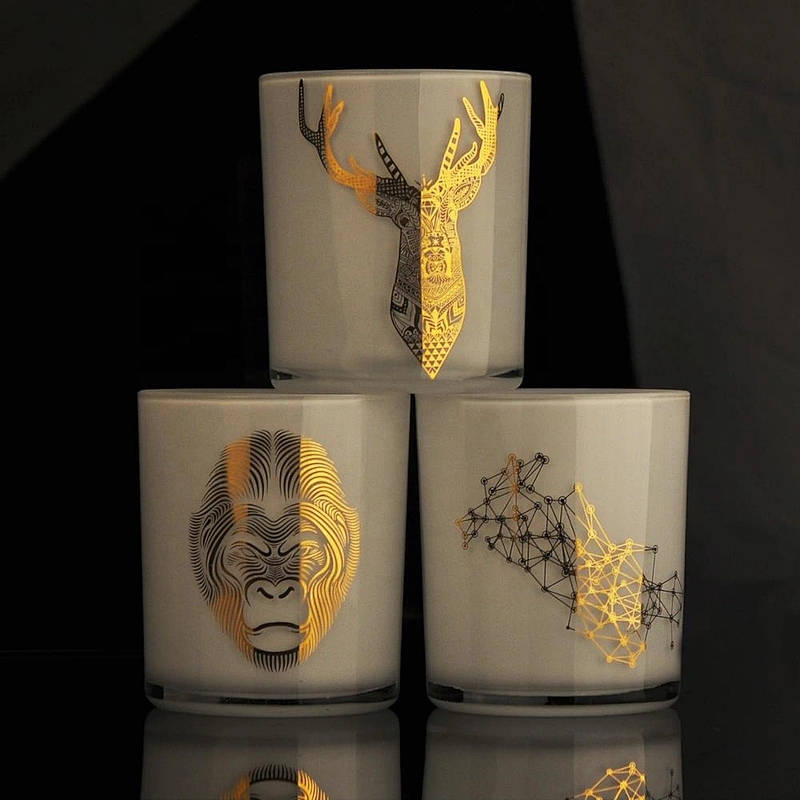 Cylinder White Glass Candle Jars With Gold Decoration