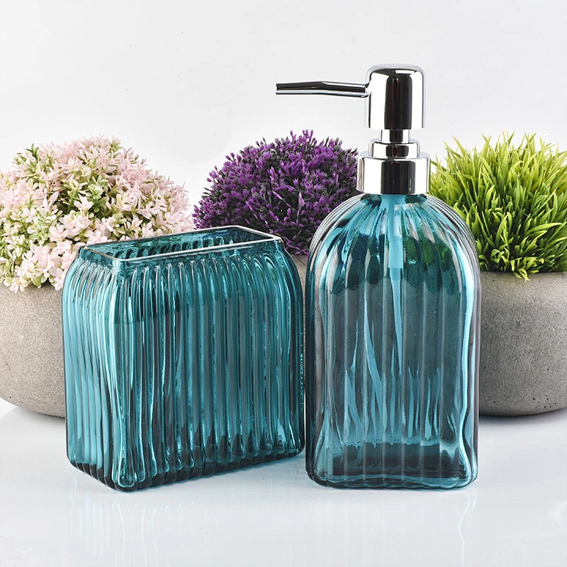 embossed stripe glass bath accessories spray blue glass lotion dispenser for bathroom
