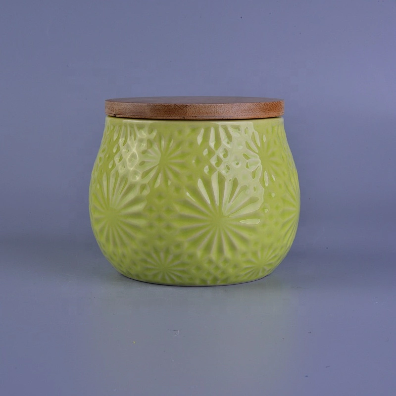 Wholesales flower tealight ceramic candle container with wood cover