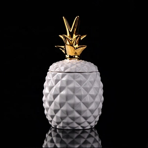 Home decoration white gold luxury pineapple ceramic candle jar with lids