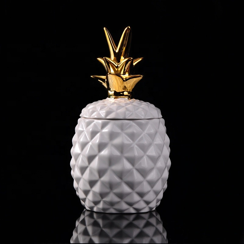 Home decoration white gold luxury pineapple ceramic candle jar with lids