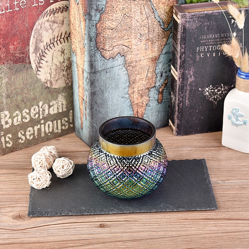 Fancy custom iridescent electroplating glass candle jar