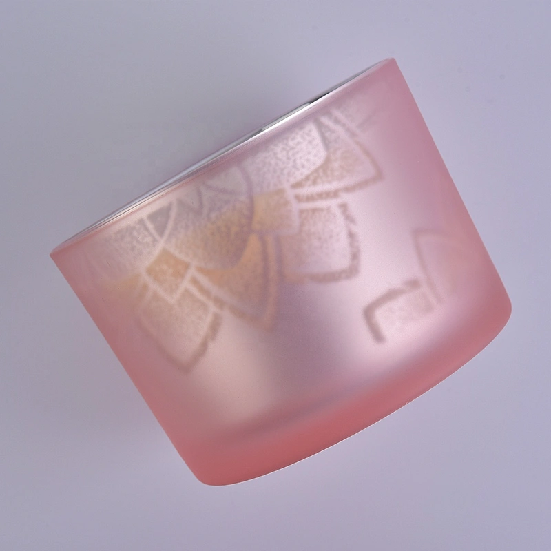 Home decoration frosted pink glass candle jar with wooden lid
