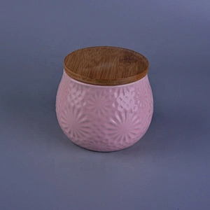 Wholesales flower tealight ceramic candle container with wood cover