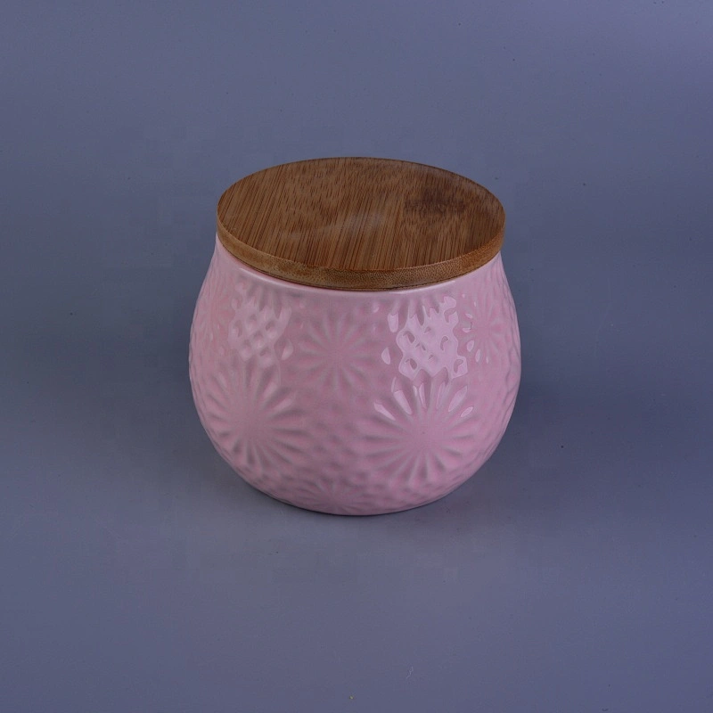 Wholesales flower tealight ceramic candle container with wood cover