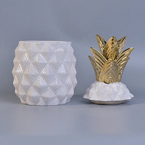 Sunny pineapple white handmade candle ceramic vessel with gold lid