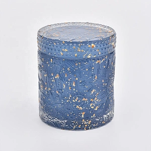 Wholesales cylinder Blue engraved hand cut glass candle jars with lid