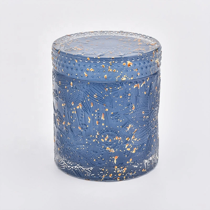 Wholesales cylinder Blue engraved hand cut glass candle jars with lid