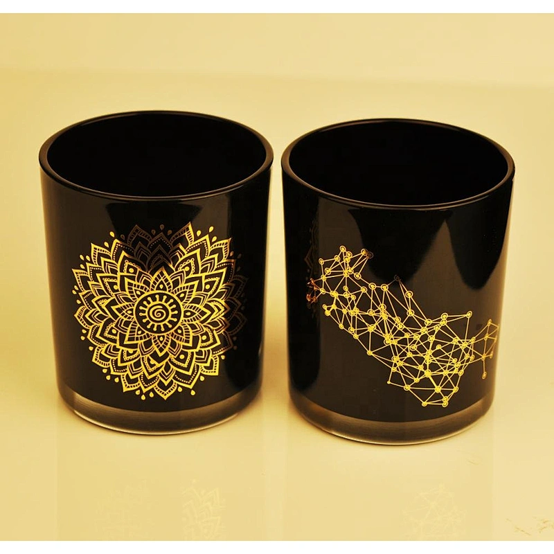 Black Candle Glass Jar With Gold Decoration
