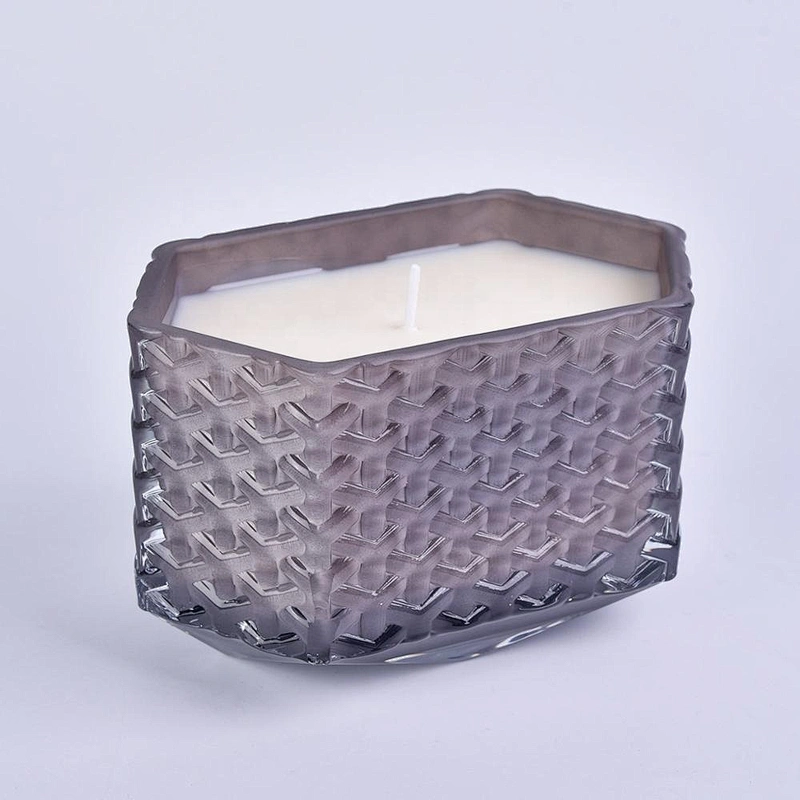 8oz 10oz Wholesales decorative Hexagon woven glass candle jar with wood lid
