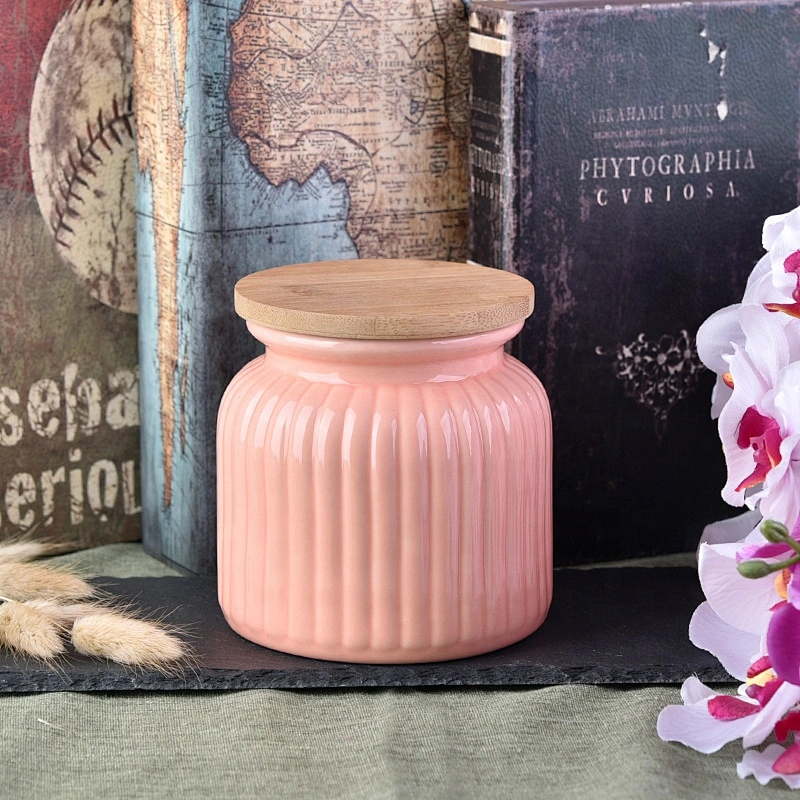 6oz 8oz 10oz Wholesales pink decorative ceramic candle jars with wood lids