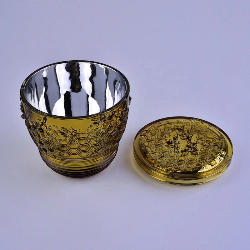 Sunny bee design tealight glass candle holder with gold lid