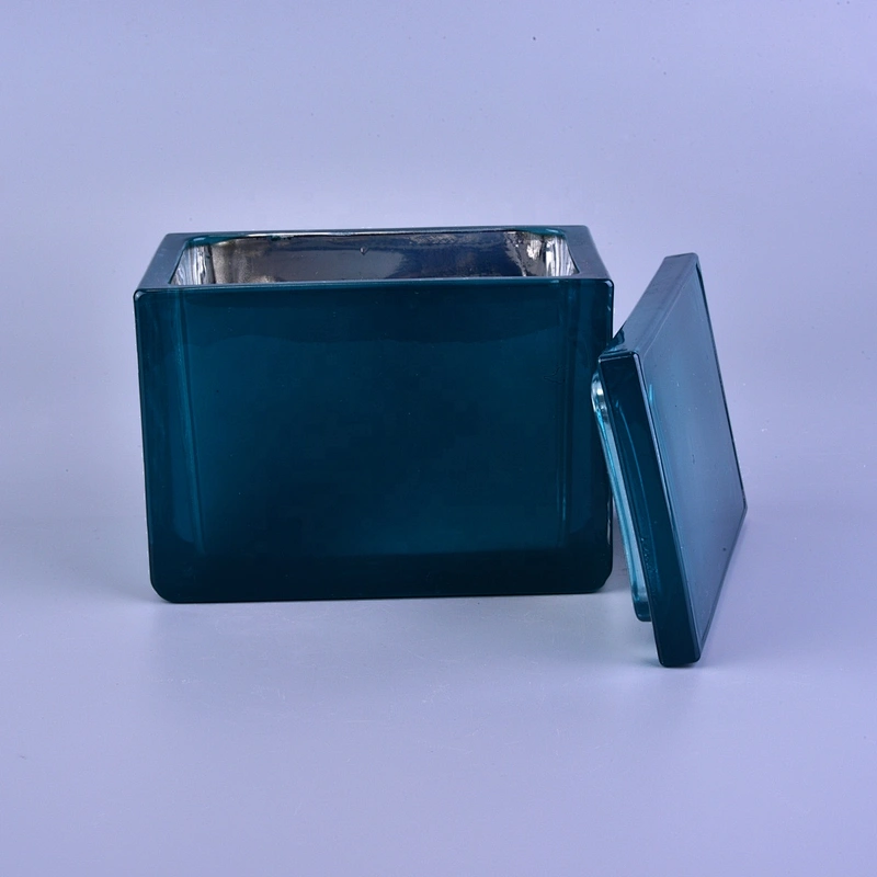 Wholesales luxury blue square glass candle holders with lid