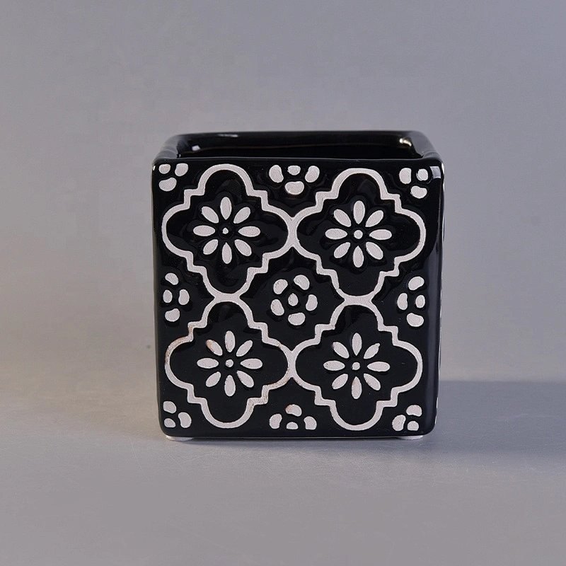 Home Decorative Square Black Ceramic Candle Vessel Empty
