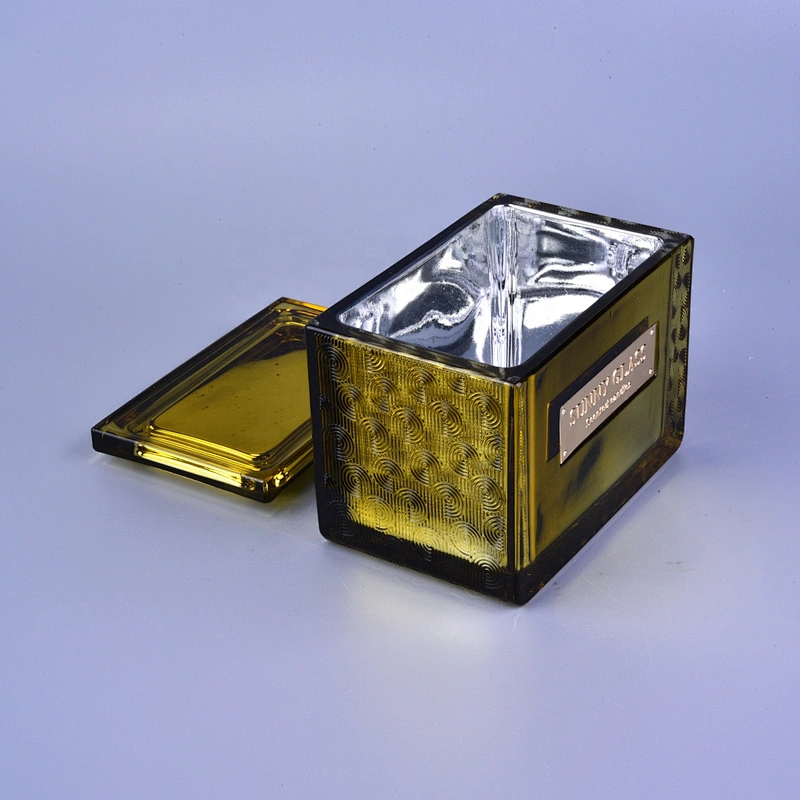 Sunny gold square Glass Candle holder with lid home decoration