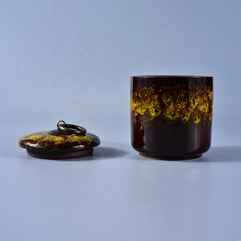 Wholesales brown custom ceramic candle vessel with lid home decoration