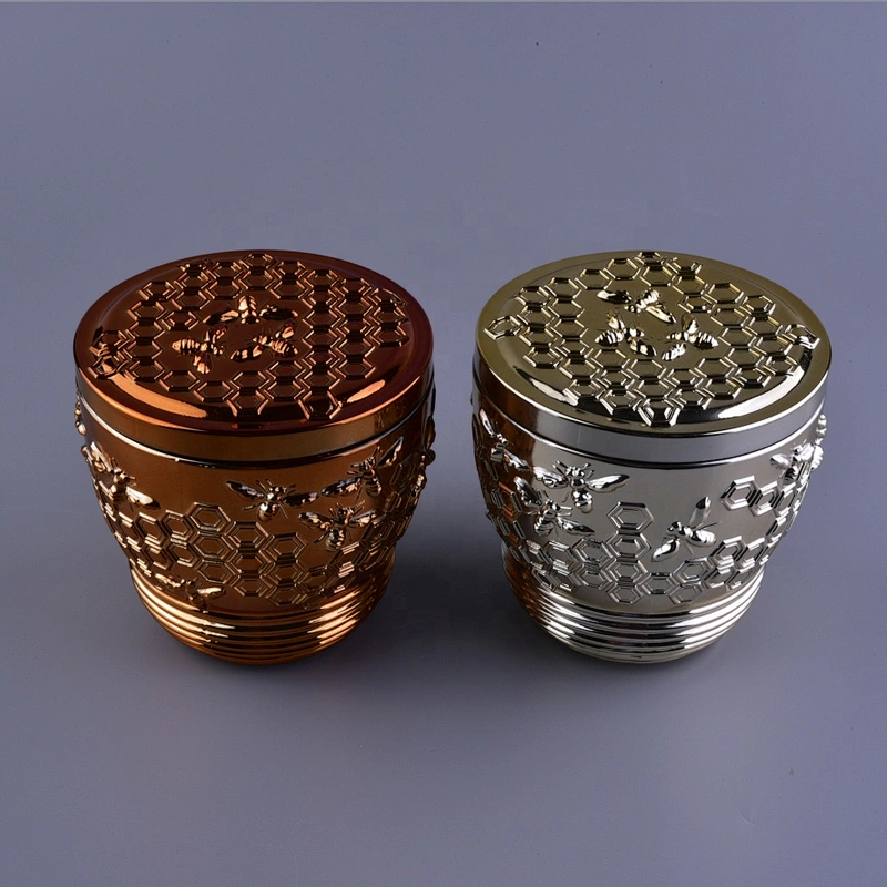 Sunny bee design votive gold glass candle holder with glass lid