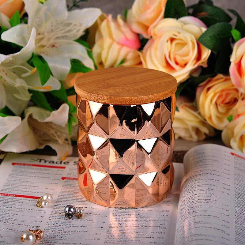 10oz Home decoration rose geometric ceramic candle jar with wood lid
