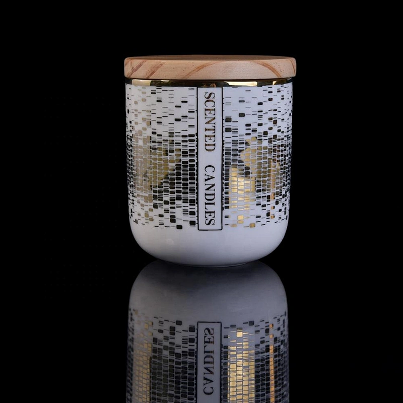 white empty porcelain  ceramic candle holder jar vessel with wooden lid