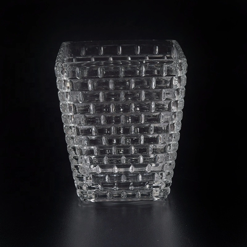 Clear square hand cut glass candle holder 350ml