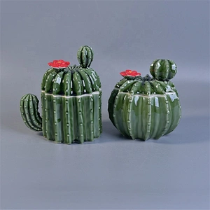 Green Cactus Shaped Ceramic Candle Container For Home Decoration