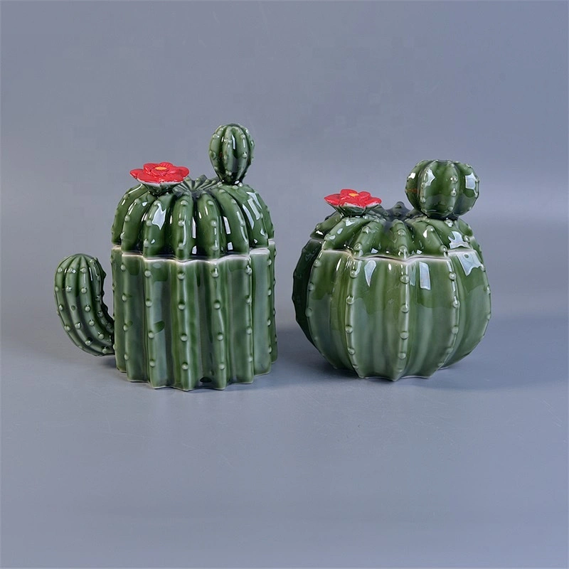 Green Cactus Shaped Ceramic Candle Container For Home Decoration