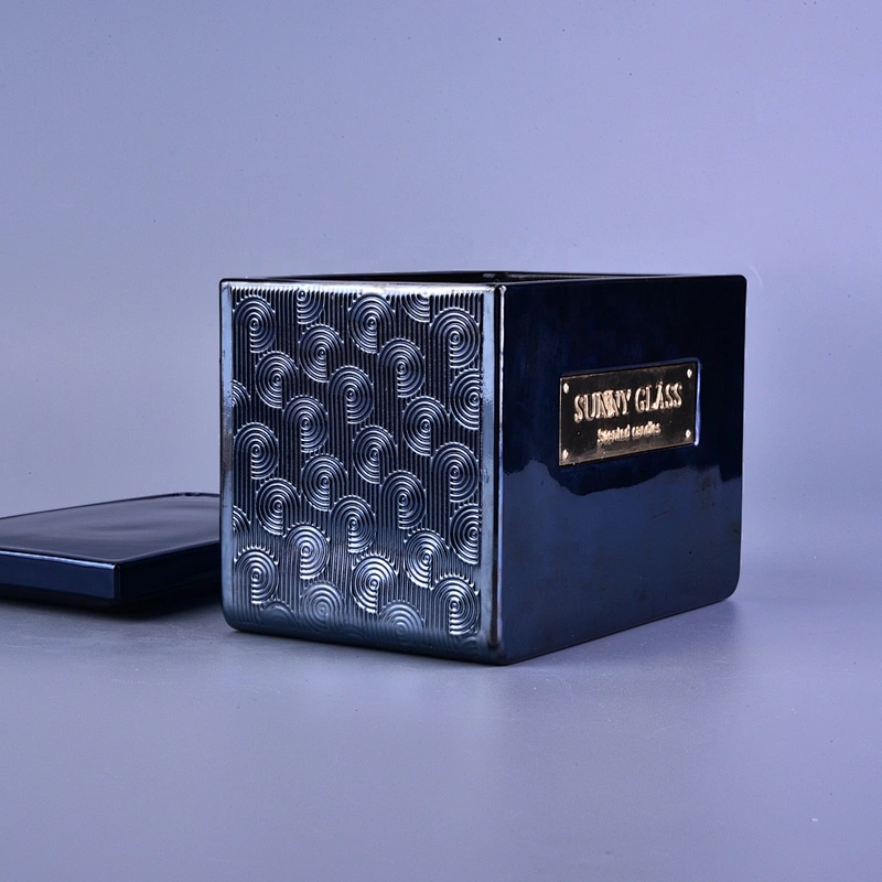 Sunny design square dark blue scented empty Glass Candle jars with lid