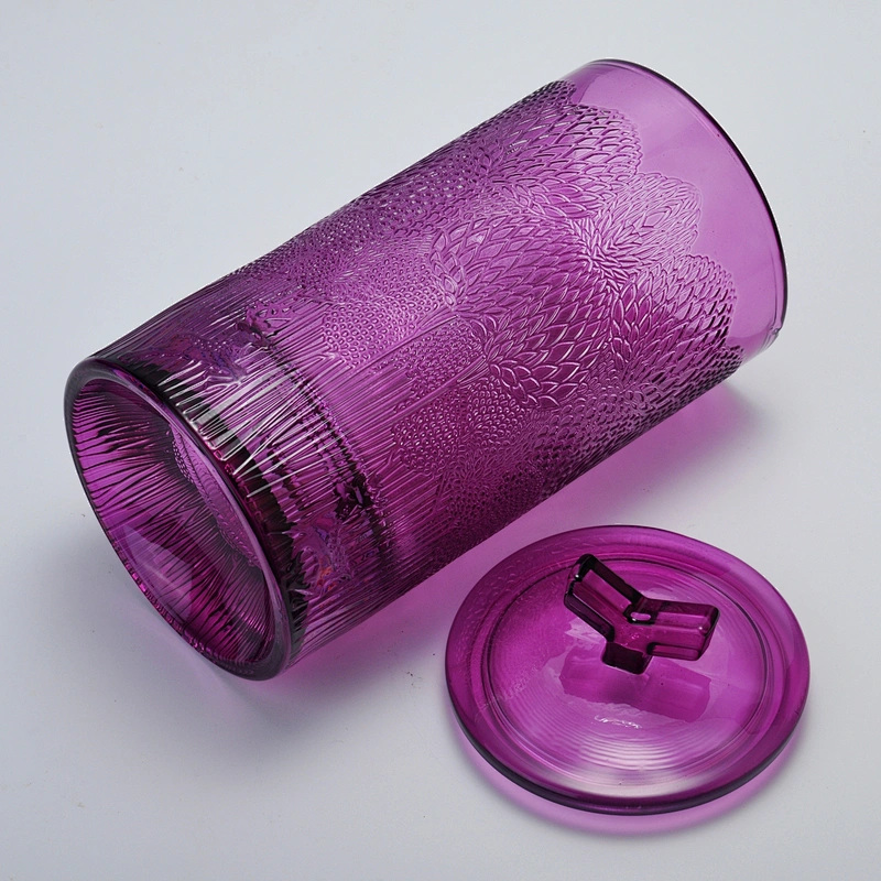 10oz 20oz Wholesales crystal purple emboss glass candle holder with lid
