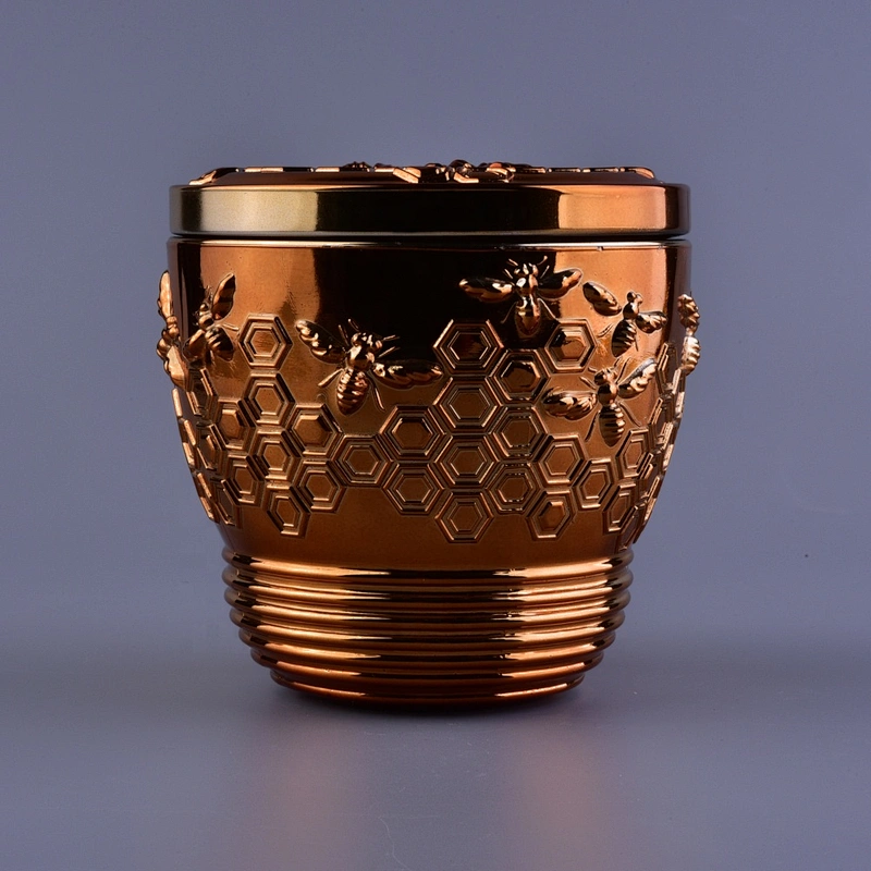 Sunny bee design votive gold glass candle holder with glass lid