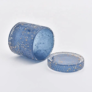 Wholesales cylinder Blue engraved hand cut glass candle jars with lid