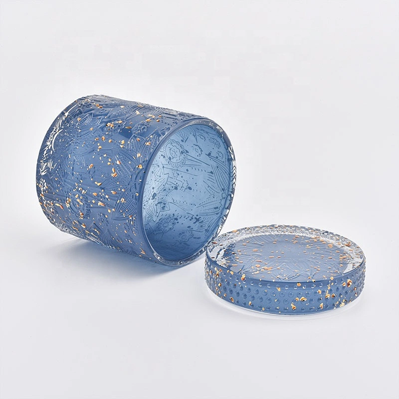 Wholesales cylinder Blue engraved hand cut glass candle jars with lid