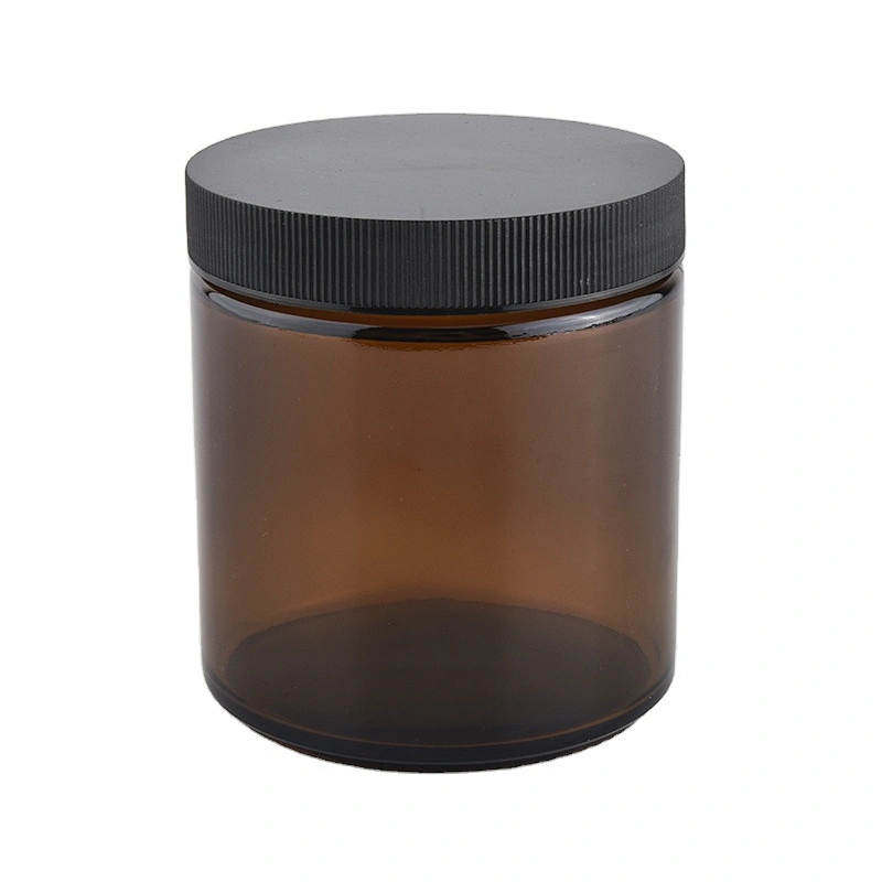 Supplier tealight amber glass candle holders with black plastic lid