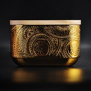 New design luxury Antique gold glass candle holder with wood lid