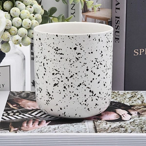 Matte White Ceramic Candle Vessels With Black Glaze Dot Decoration