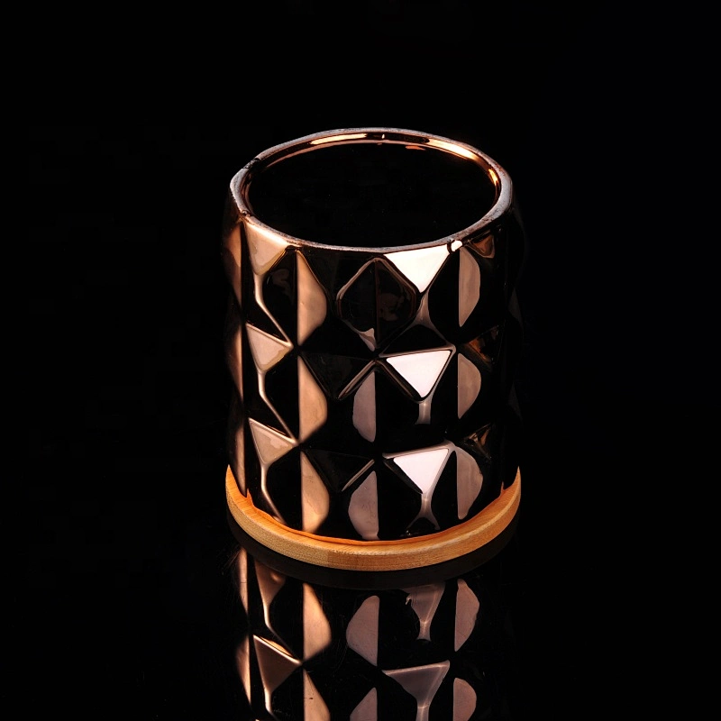 10oz Home decoration rose geometric ceramic candle jar with wood lid