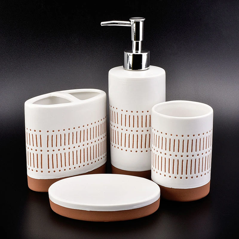 wholesale hotel ceramic multi function toothbrush holder lotion dispenser pump soap dish full set bathroom accessories