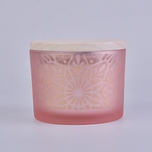 Home decoration frosted pink glass candle jar with wooden lid