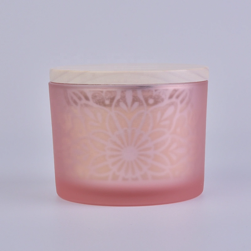 Home decoration frosted pink glass candle jar with wooden lid