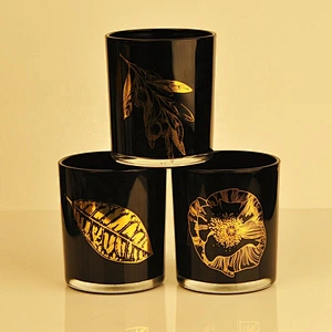 Black Candle Glass Jar With Gold Decoration