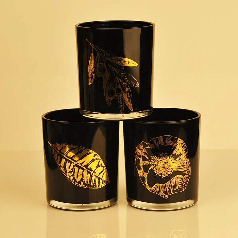 Black Candle Glass Jar With Gold Decoration